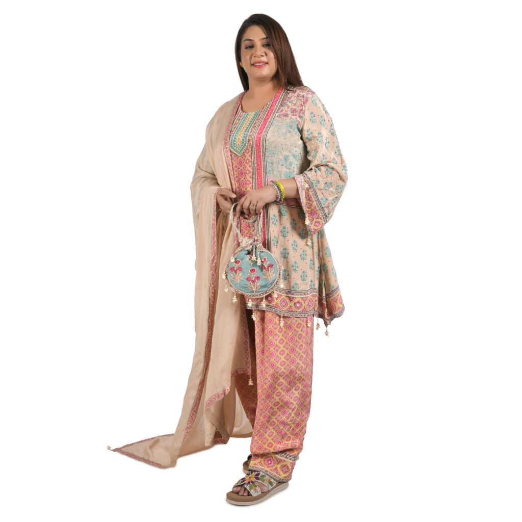 3 piece suit with farshi salwar,potli
