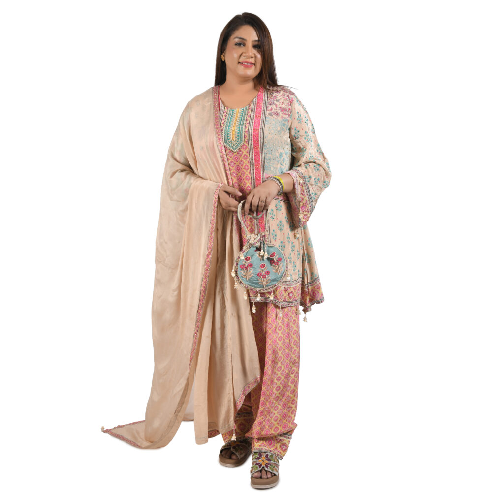 3 piece suit with farshi salwar,potli