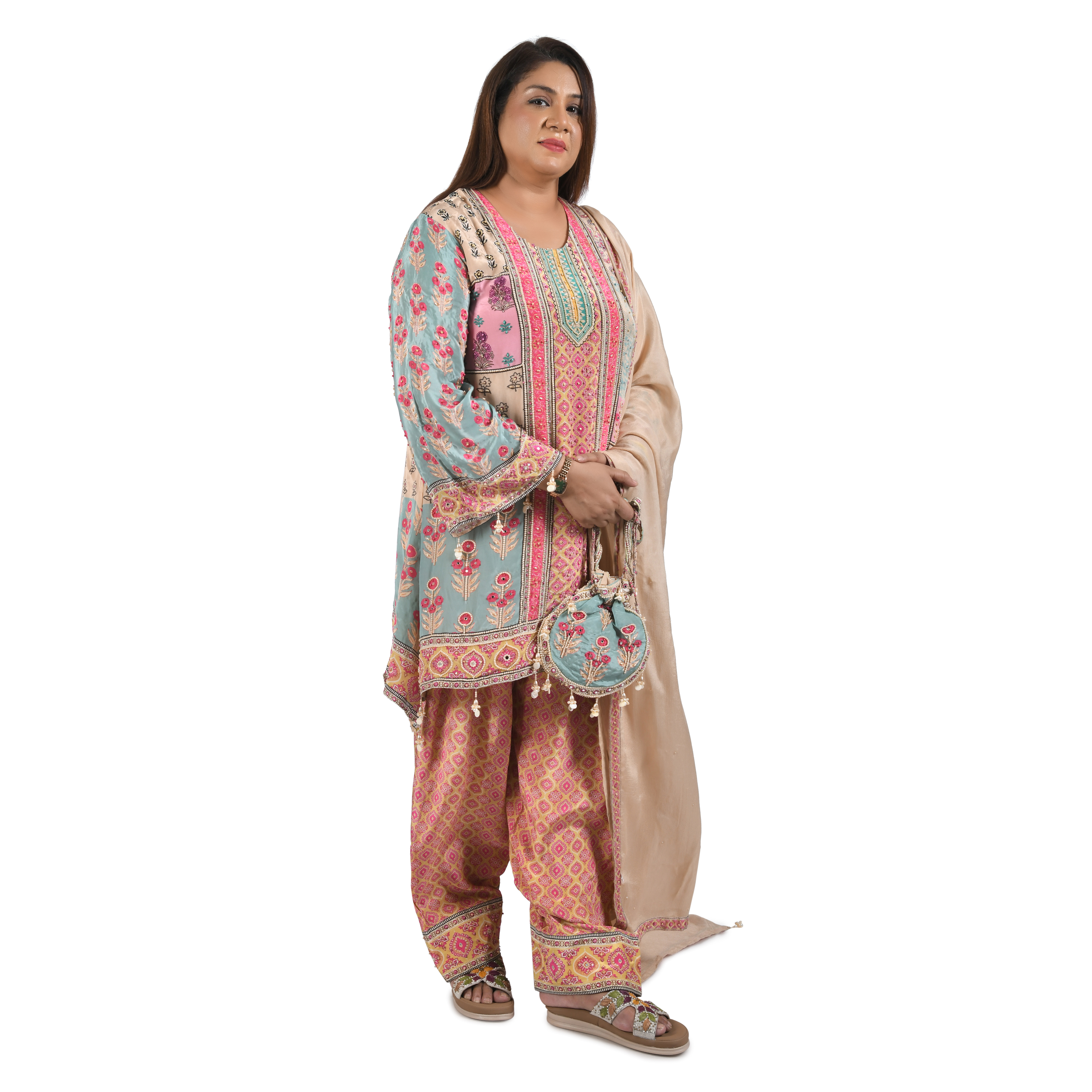 3 piece suit with farshi salwar,potli