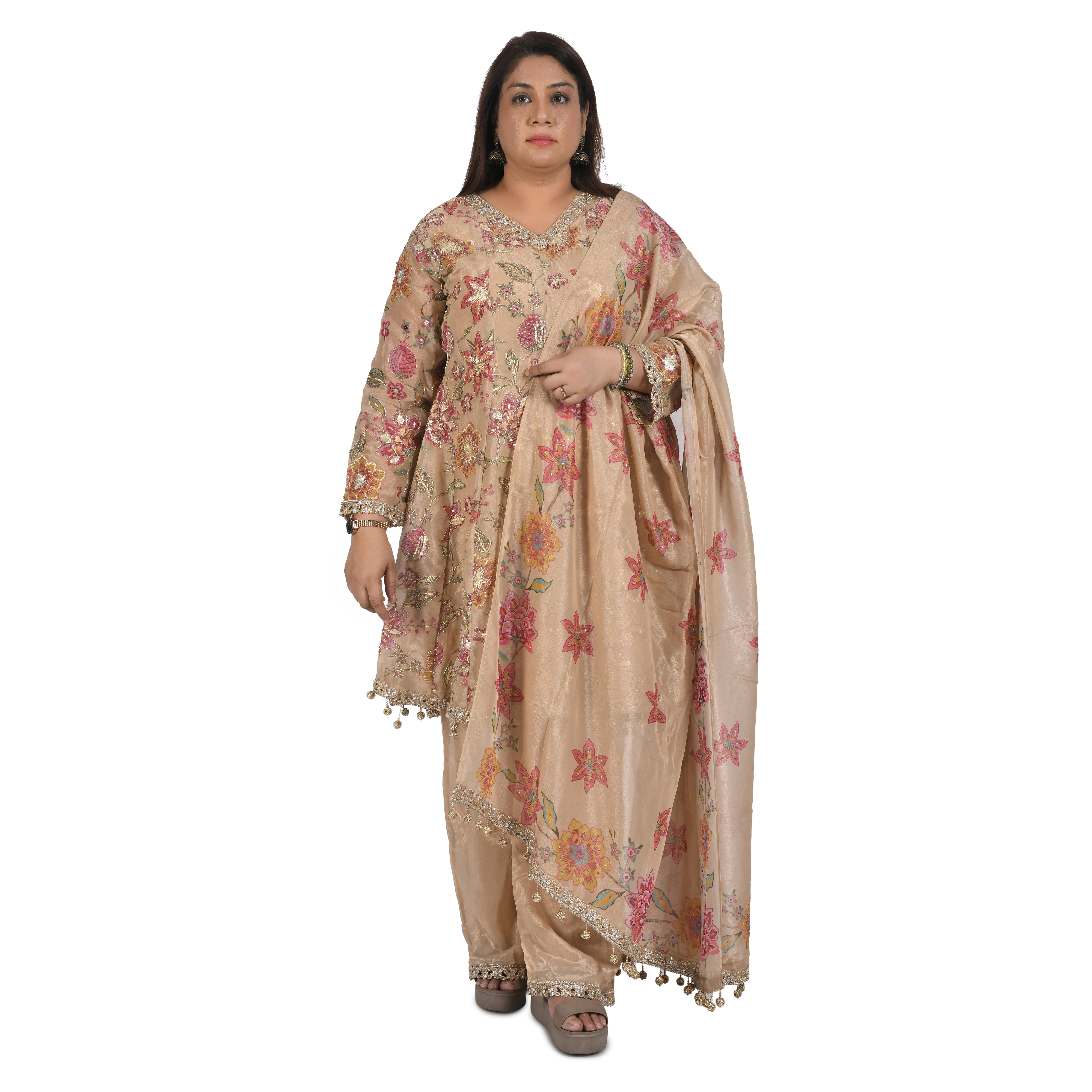 3 peice suit, short anarkali suit with farshi salwar