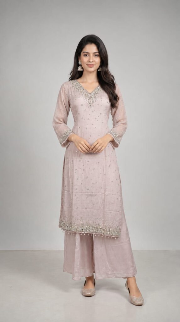 All Over Sequence Work On Shirt Pair With Cinnon Fabric Plazo And Dupatta