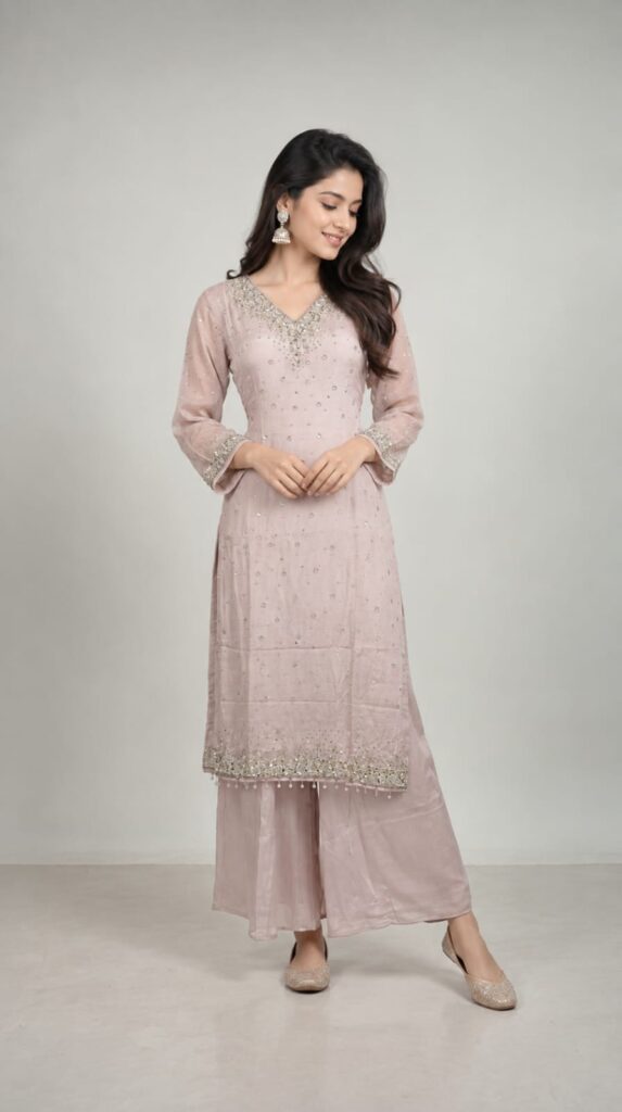 All Over Sequence Work On Shirt Pair With Cinnon Fabric Plazo And Dupatta