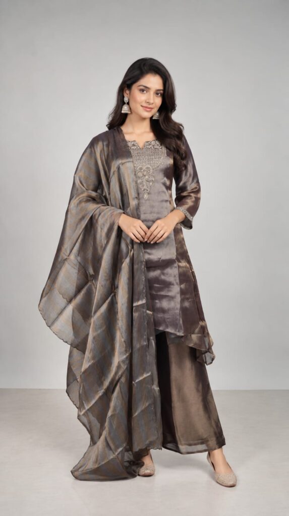 3 Piece Suit In Shimmer Fabric, Cut Dana Work Done On Neck And Sleeves With Sharara Pant Paired With Shimmer Fabric Dupatta.