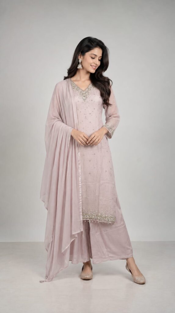 All Over Sequence Work On Shirt Pair With Cinnon Fabric Plazo And Dupatta