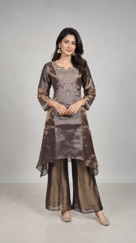 3 Piece Suit In Shimmer Fabric, Cut Dana Work Done On Neck And Sleeves With Sharara Pant Paired With Shimmer Fabric Dupatta.