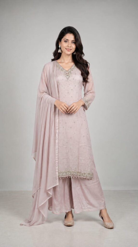All Over Sequence Work On Shirt Pair With Cinnon Fabric Plazo And Dupatta