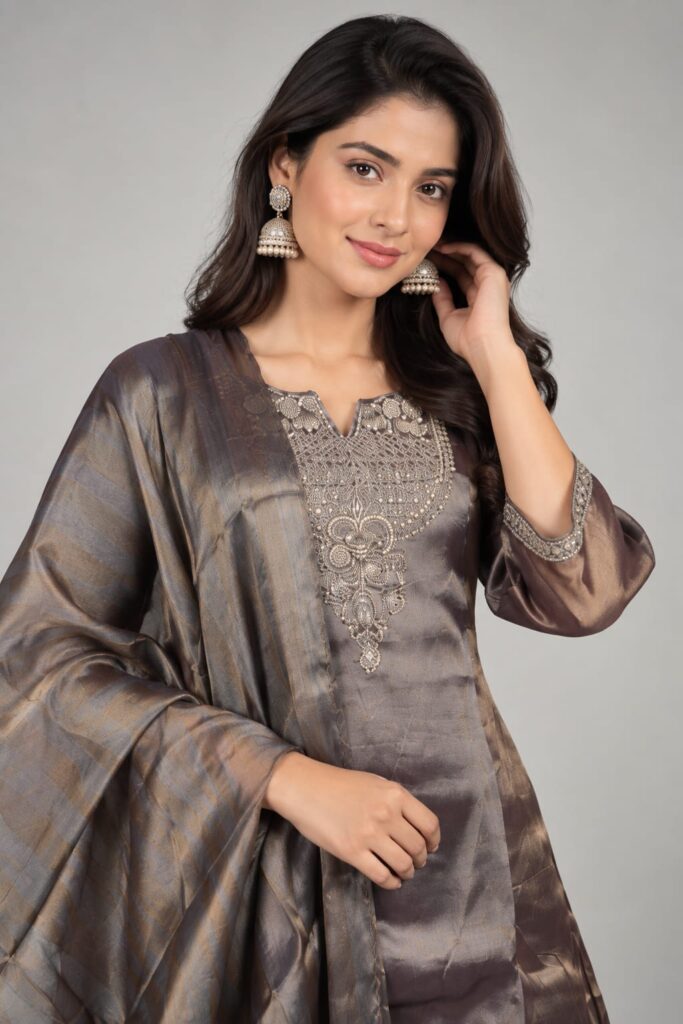 3 Piece Suit In Shimmer Fabric, Cut Dana Work Done On Neck And Sleeves With Sharara Pant Paired With Shimmer Fabric Dupatta.