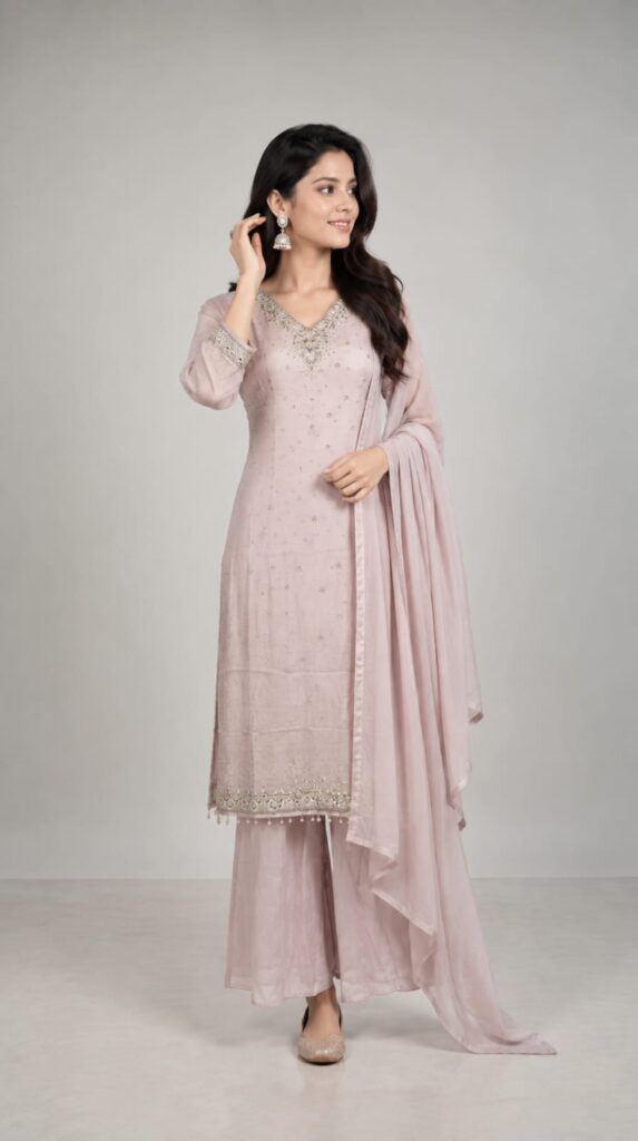 All Over Sequence Work On Shirt Pair With Cinnon Fabric Plazo And Dupatta