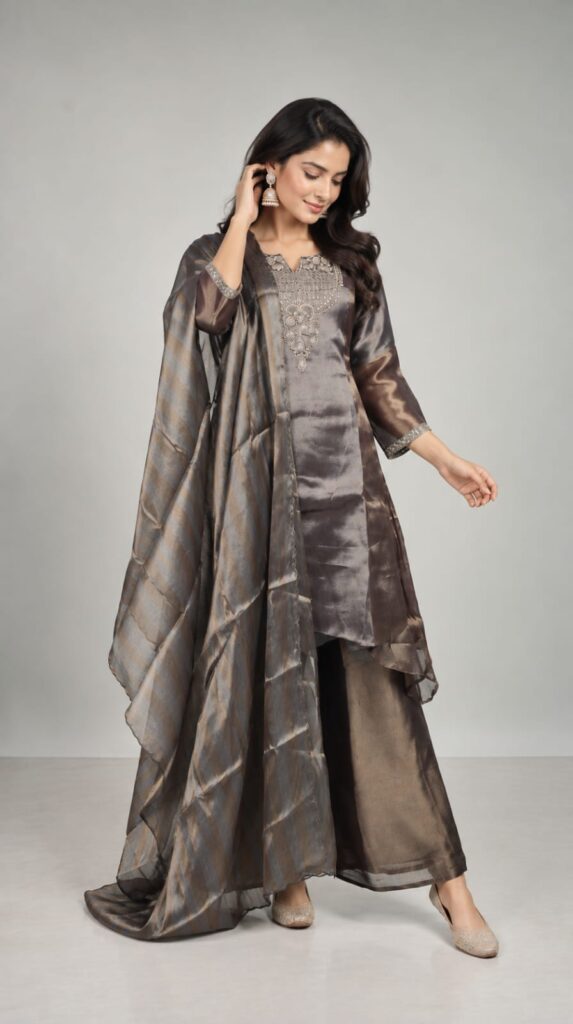 3 Piece Suit In Shimmer Fabric, Cut Dana Work Done On Neck And Sleeves With Sharara Pant Paired With Shimmer Fabric Dupatta.