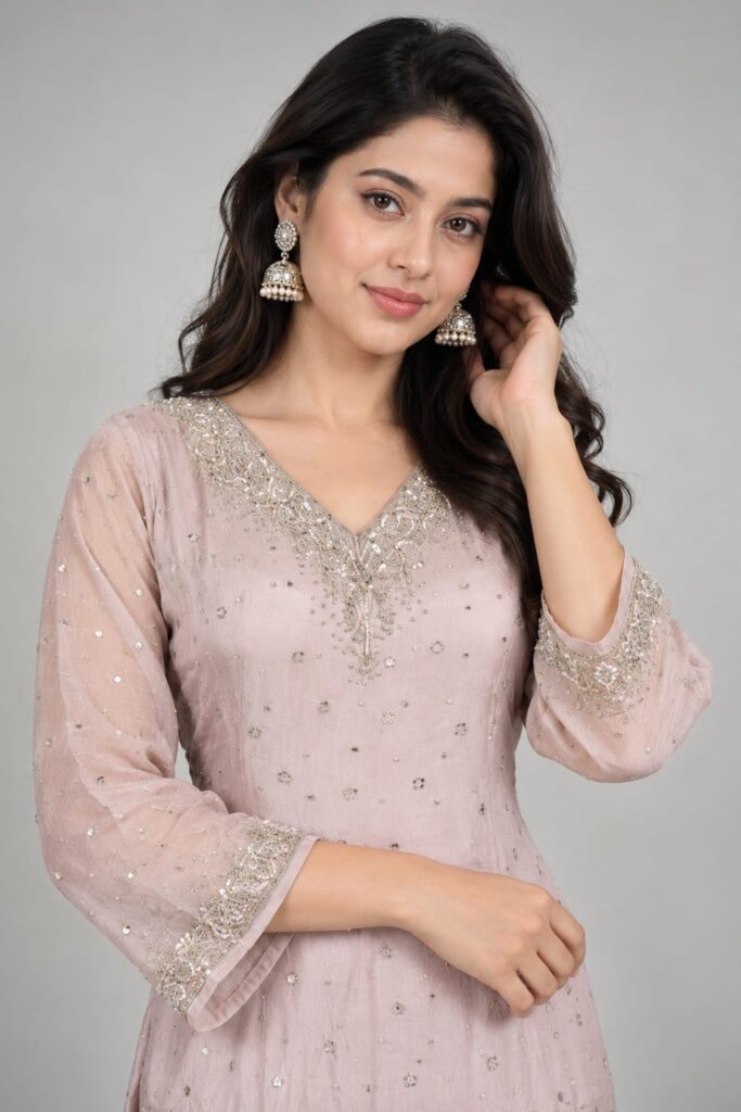 All Over Sequence Work On Shirt Pair With Cinnon Fabric Plazo And Dupatta