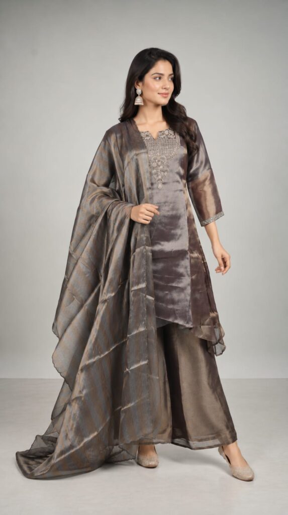 3 Piece Suit In Shimmer Fabric, Cut Dana Work Done On Neck And Sleeves With Sharara Pant Paired With Shimmer Fabric Dupatta.