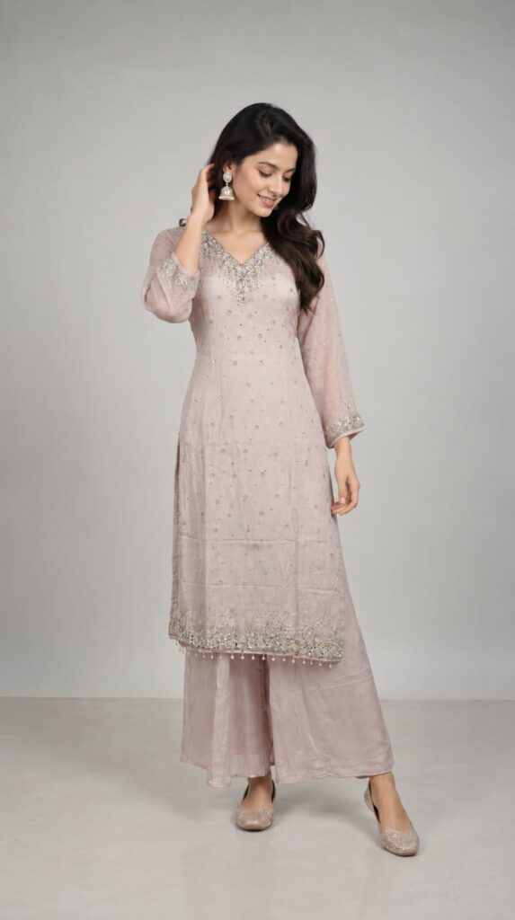 All Over Sequence Work On Shirt Pair With Cinnon Fabric Plazo And Dupatta