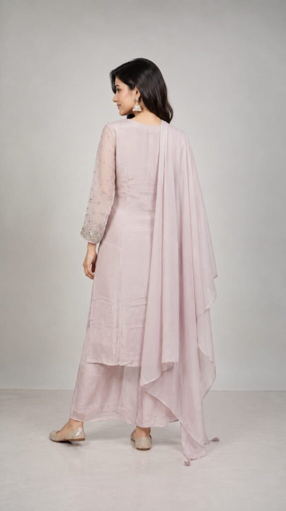All Over Sequence Work On Shirt Pair With Cinnon Fabric Plazo And Dupatta